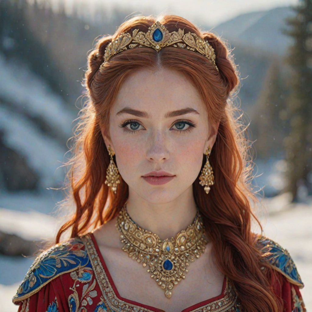 A young woman with long, flowing red hair, wearing a traditional, ornate red and blue costume with gold accents and intricate embroidery, stands facing the viewer in a close-up portrait. Her hair is styled in a high ponytail and adorned with a pair of golden, winged hairpieces. She wears gold earrings and her makeup is accented with light pink blush and a bright red lip. She has a soft and slightly melancholic expression, with her eyes looking directly at the camera. The background is a blurred, out-of-focus snowy landscape, with the woman in the foreground. The lighting is soft and natural, creating a warm, intimate atmosphere. The image is composed using a shallow depth of field, with the woman as the main focal point. The overall style is elegant, delicate, and fairytale-like.