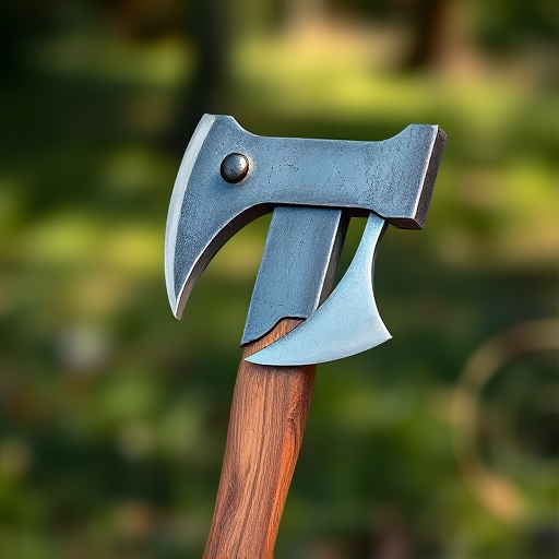 Generate a highly detailed image of a battle axe with a silver blade and wooden handle, captured using a DSLR camera with a 50mm lens, aperture f/1.8, ISO 100, in high dynamic range, with a soft focus background and natural lighting.