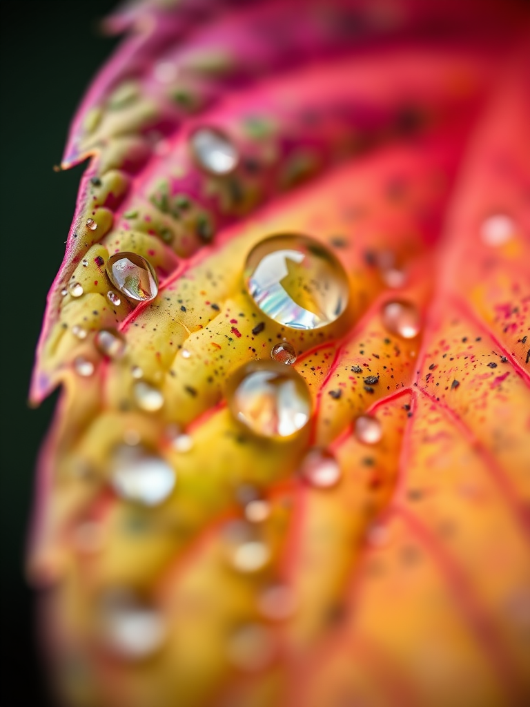 macro shot of a colorful leaf with water droplets, shallow depth of field, f/2.8 aperture, 100mm lens, ISO 200, natural lighting, Canon EOS 5D Mark IV