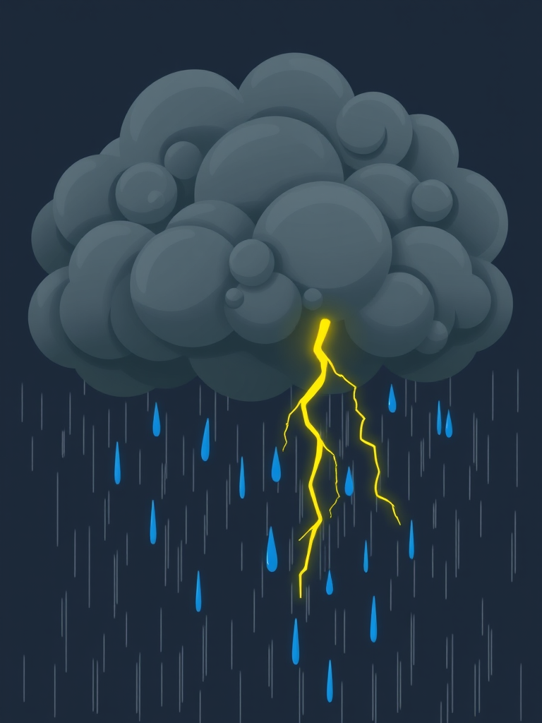 Create a high-resolution vector illustration of a dark storm cloud with a bright yellow lightning bolt striking downward, accompanied by blue raindrops, captured from a slightly tilted, dynamic angle, using a digital camera with a wide aperture of f/2.8, ISO 100, and a shutter speed of 1/125s for enhanced clarity and vibrancy.