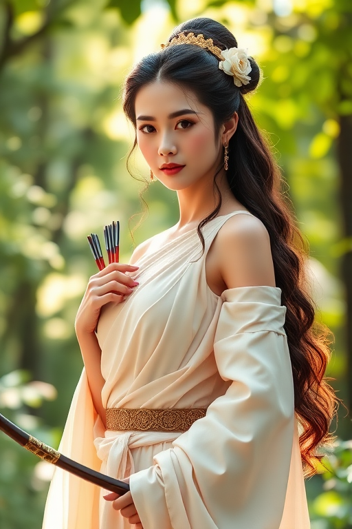 Create a portrait of a goddess-like Chinese girl figure in a tranquil, forested environment. She has an elegant appearance with long, wavy hair styled in an updo and adorned with a delicate, floral headband. She wears a flowing, ancient Greek-inspired gown in a soft, pale color, featuring a one-shoulder design and draped fabric that accentuates her graceful form. The outfit includes a decorative belt with ornate gold detailing, and she holds a bow in her hand, with a quiver of arrows slung over her shoulder. The background depicts lush greenery, with sunlight filtering through the trees, casting a gentle, ethereal light on the scene. Her expression is calm and contemplative, embodying a sense of wisdom and serenity.