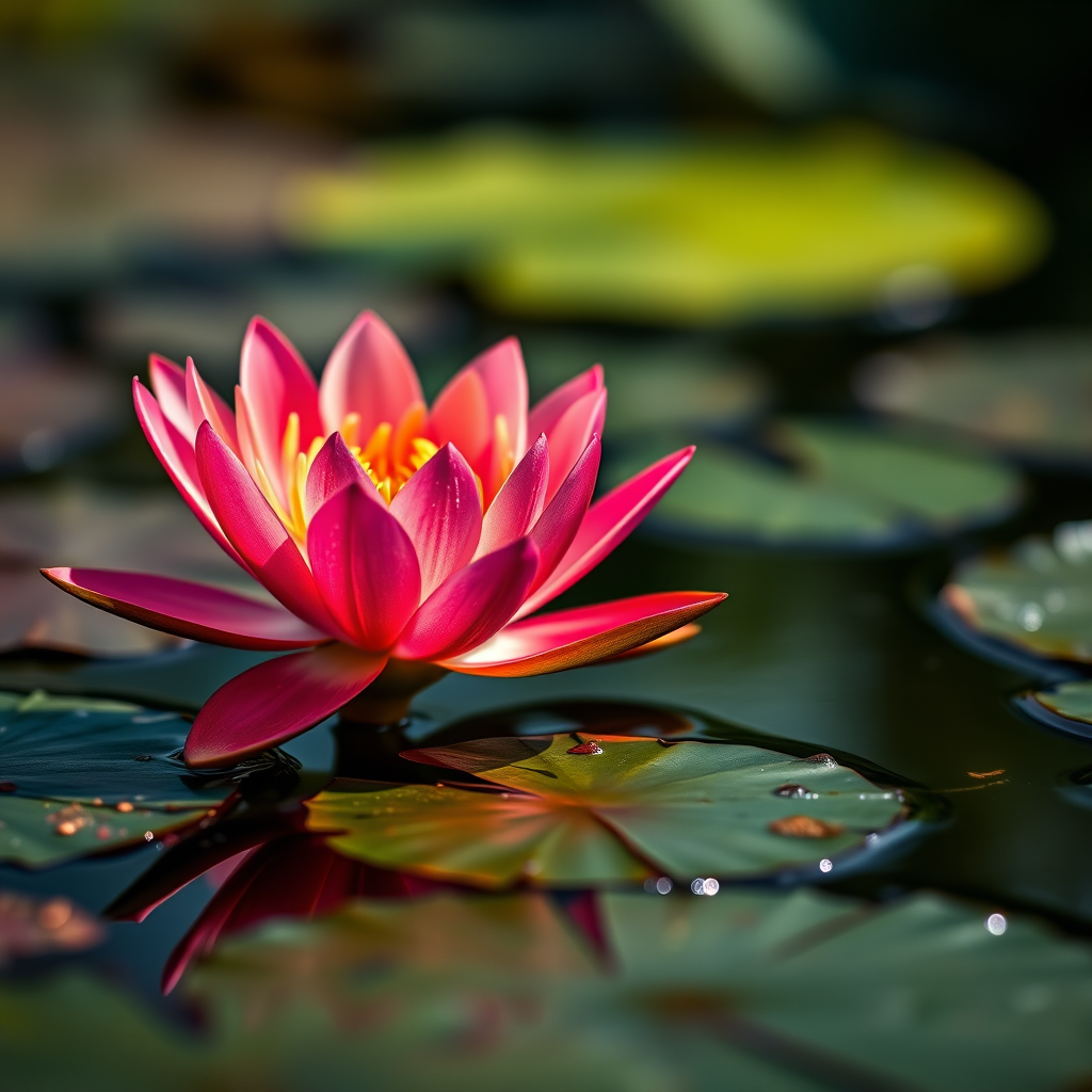Regenerate the image of a water lily on a pond with vibrant colors, using a Canon EOS R5, 100mm f/2.8 macro lens, ISO 200, aperture f/8, shot in natural light with a shallow depth of field to enhance focus on the flower and soft bokeh background.