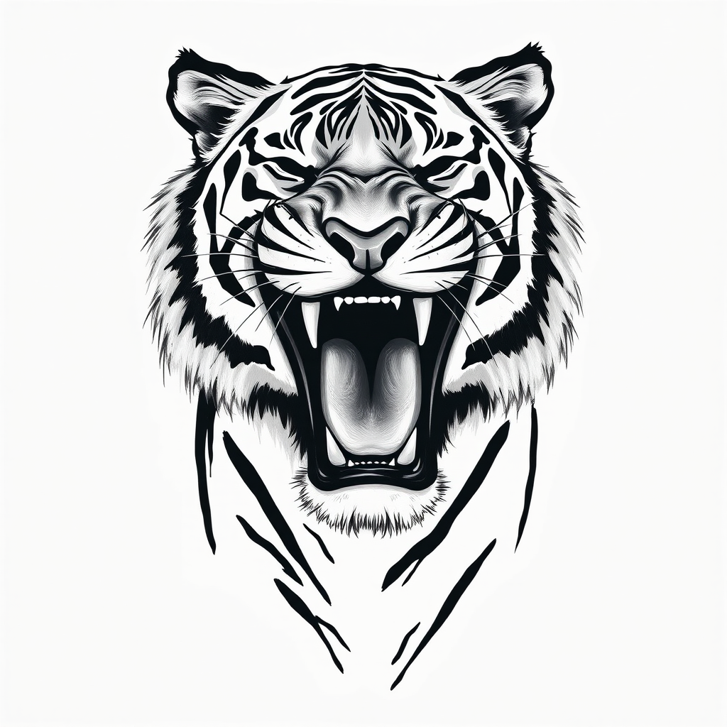 Abstract black and white acrylic portrait of an over exaggerated laughing (tiger). Minimalism style. White background.