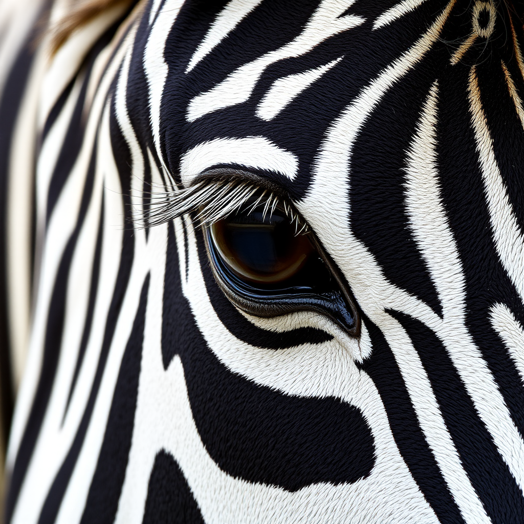 Close-up of a zebra’s face, focusing on its eye. The zebra’s distinctive black and white stripes are prominent, with its large brown eye showing detailed lashes and a slight reflection. The texture of the zebra’s skin and fur is visible, creating a sharp contrast between the dark and light stripes.
