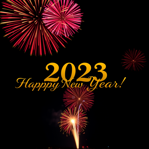 Capture a night scene of vibrant fireworks in a dark sky with the text "2023 Happy New Year!" in elegant golden script, using a DSLR camera with a 50mm lens, aperture set to f/2.8, ISO 400, shutter speed 1/125s, landscape orientation.