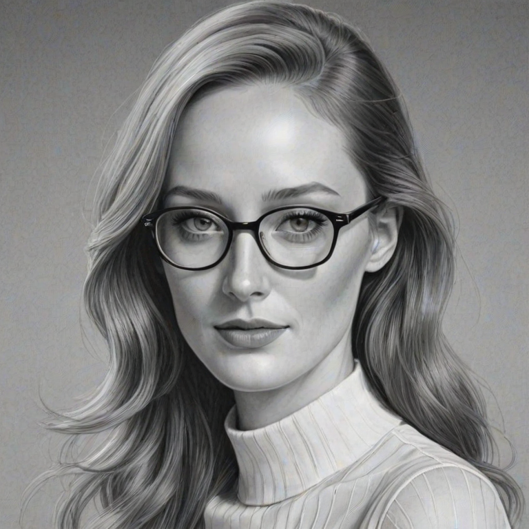 Resplendent Lotte Verbeek, pencil sketch, portrait of Attractive woman 1968s in glasses, hair style beatnik, outline, clear lines, fine lines, 8k