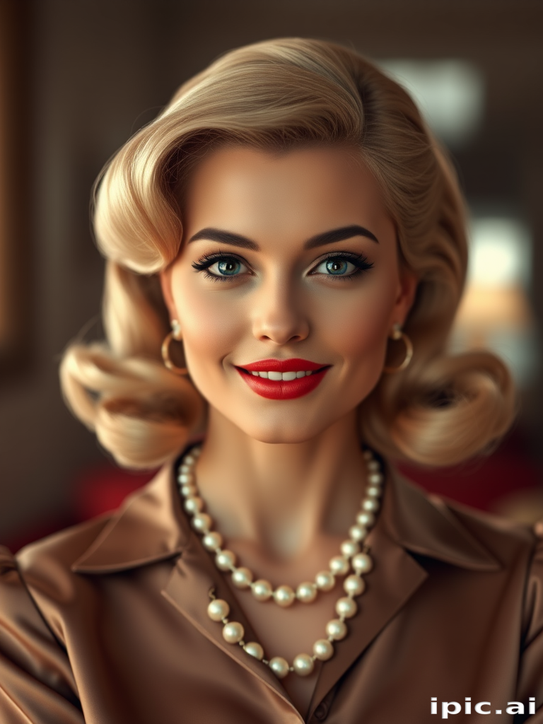 A beautiful woman reminiscent of 1950s Hollywood glamour, with perfectly styled blonde hair and a seductive smile, dressed in a satin blouse and adorned with pearls, soft and warm tones, photorealistic, 8K