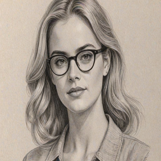 Magnificent Emily Wickersham, pencil sketch, portrait of Delightful woman 1954s in glasses, hair style beatnik, outline, clear lines, fine lines, 8k