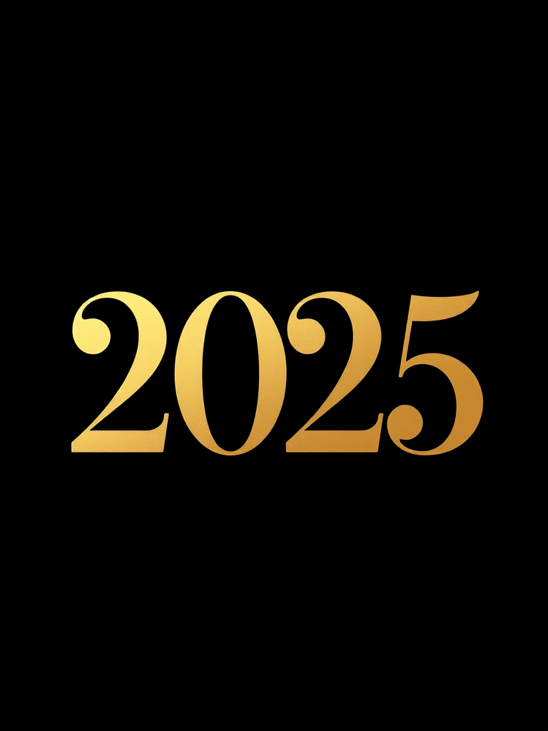 Create a sleek, modern graphic design featuring the year 2025 in elegant gold typography against a dark background, using a Canon EOS R5 camera with a 50mm lens at f/1.8, ISO 100, 1/200 sec, in a flat lay style with soft natural lighting.