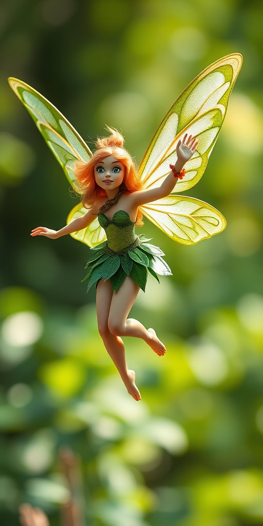 Create an image of a fairy in mid-air with intricate green and white wings, wearing a leafy outfit, captured in vibrant colors and high detail, use a DSLR camera with a 50mm lens, aperture set to f/2.8, ISO 100, and natural soft lighting.