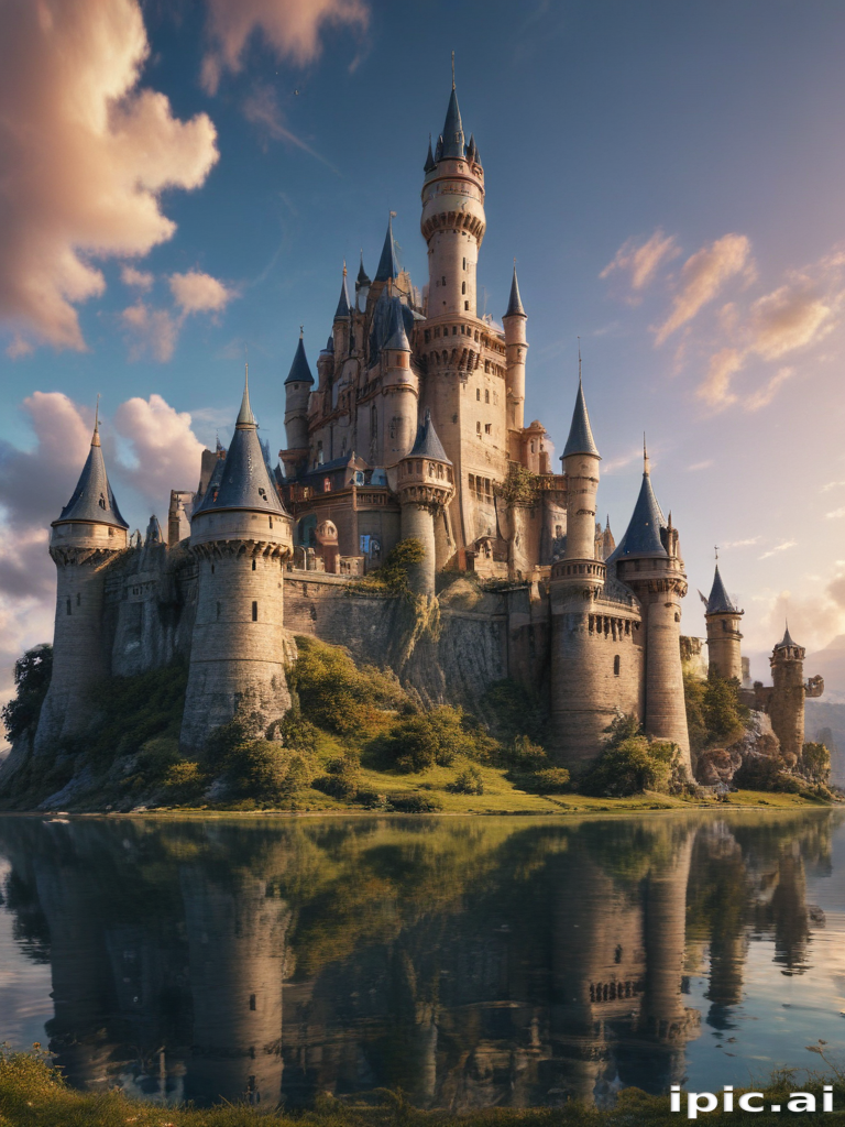 A Majestic Fairytale Castle Surrounded by Serene Waters and Lush Greenery