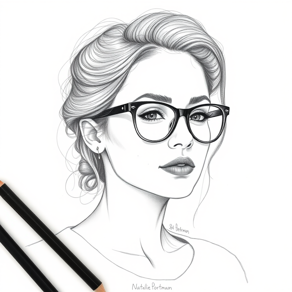 Beautiful Natalie Portman, pencil sketch, portrait of beautiful woman 60s in glasses, hair style beatnik, outline, clear lines, fine lines, 8k