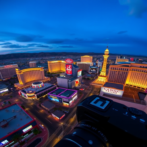 High-angle view of Las Vegas Strip at dusk, vibrant city lights illuminating buildings, DSLR camera, aperture f/8, ISO 200, shutter speed 1/60s, use of a wide-angle lens for enhanced perspective.