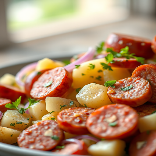 capture a vibrant close-up of a hearty potato salad with sliced sausages, garnished with red onions and fresh herbs, natural lighting, shallow depth of field, f/2.8 aperture, 50mm lens, ISO 200, soft focus background, enhance textures and colors