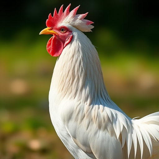 Regenerate the image of a white rooster standing proudly in profile, using a DSLR camera with a 50mm lens, aperture f/2.8, ISO 100, natural light, shallow depth of field, and a slight upward angle for enhanced detail and vibrant colors.
