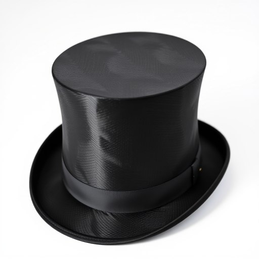 Create a high-resolution image of a classic top hat on a plain white background using a DSLR camera with a 50mm lens, aperture set to f/2.8, ISO 100, and soft natural lighting for enhanced detail and texture.