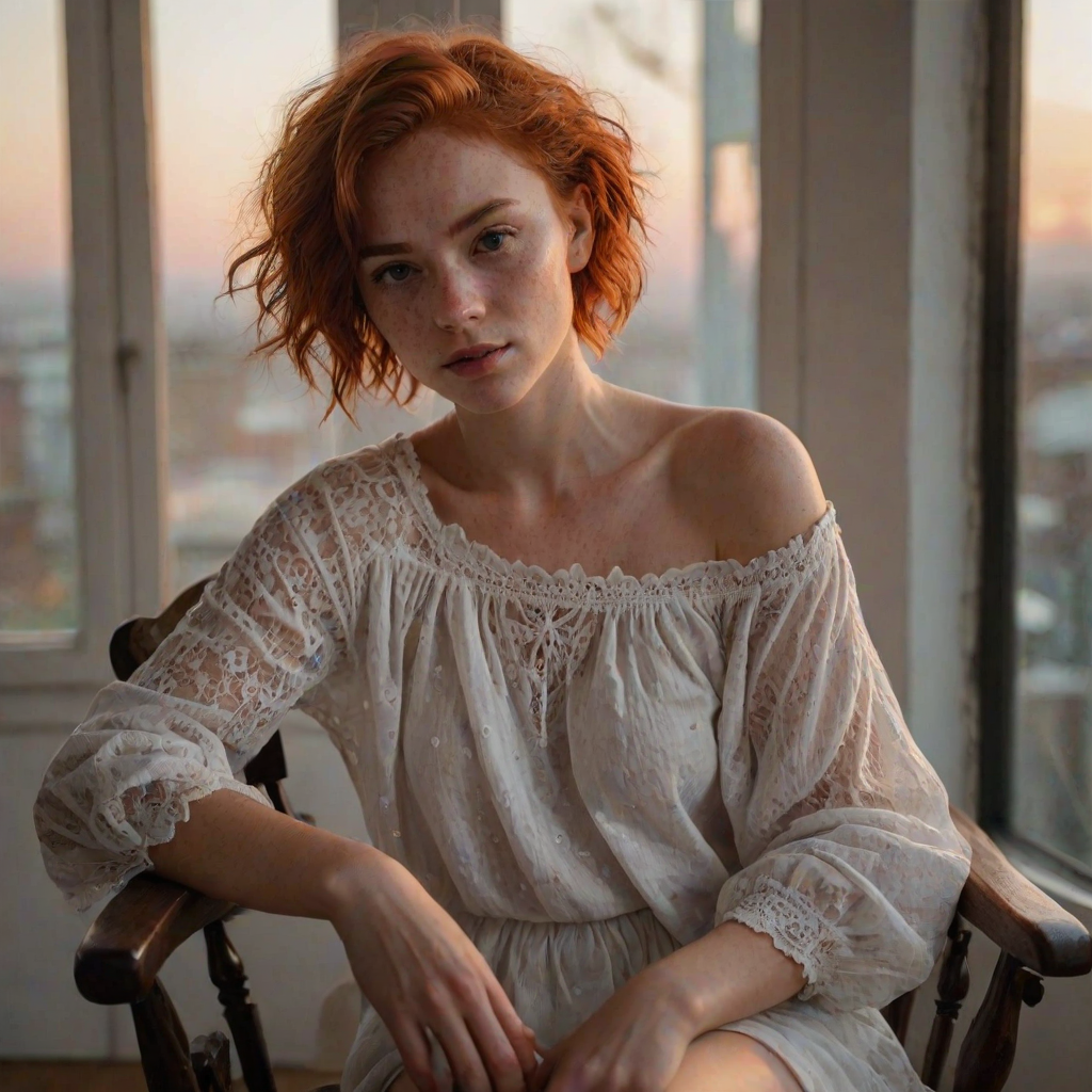 young woman, short messy red hair, light freckles, beautiful face, wearing a loose white cotton lace shirt ,  portrait photo,  posing for a picture in a chair with her hands in her lap, Ayshia Ta k n, parted lips, round cleavage, collarbone, bare shoulders, natural light, a portrait, art nouveau, sunset light through a window, darkly lit, shadows across face