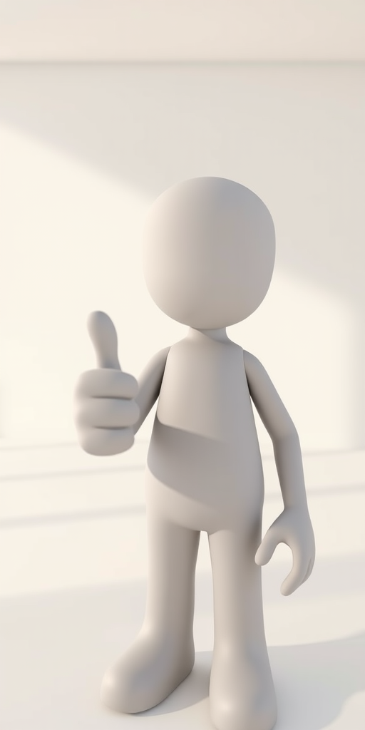 create a 3D rendering of a simplistic gray humanoid figure giving a thumbs up in a bright, evenly lit environment, camera settings: f/4 aperture, ISO 100, shutter speed 1/125s, camera view: eye-level angle, camera style: realistic, camera type: DSLR