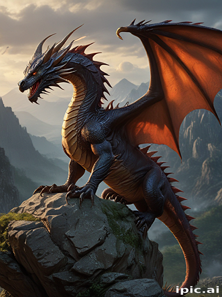 Majestic Dragon Perched on a Rocky Mountain Peak at Sunset.