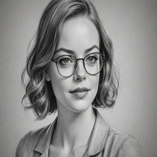 Comely Emma Stone, pencil sketch, portrait of Exquisite woman 1937s in glasses, hair style beatnik, outline, clear lines, fine lines, 8k