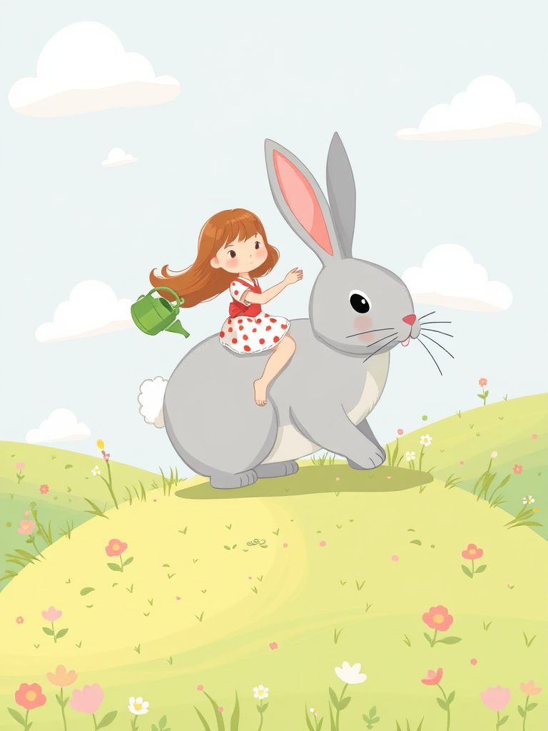 Create a whimsical illustration of a girl riding a large gray rabbit over grassy hills, with a watering can in her hand, vibrant cartoon style, soft pastel color palette, background with fluffy clouds and playful patterns, using a digital drawing tablet, 300 DPI resolution, wide-angle view for depth.