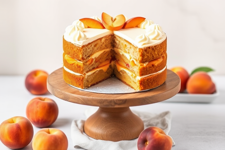 A beautifully decorated cake with layers of peach filling and frosting on a wooden cake stand surrounded by fresh peaches and a soft, neutral background, showcasing a slice removed to reveal the delicious layers inside.