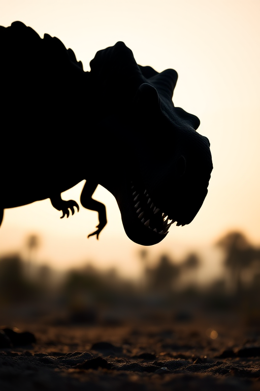 Generate a high-quality image of a black silhouette of a dinosaur, captured with a Canon EOS R5, 50mm lens, aperture f/1.8, ISO 100, shot from a low angle view, with natural backlighting to enhance details.