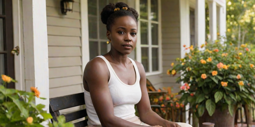 A photo of Lupita Nyong'o with a background of a cozy porch. She has dark hair pulled back in an updo, with tendrils framing her face. She wears a white tank top and sits on the porch. The porch is part of a well-lit home with a warm, earthy tone and colorful flowers and foliage. The overall scene has a warm, welcoming, and comfortable ambiance.