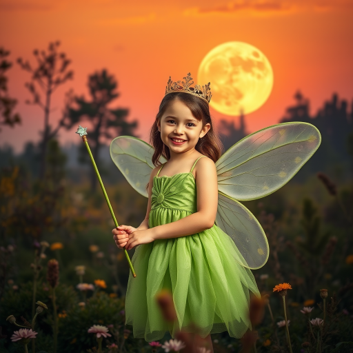 A vivid photo  taken under a bright camera flash of a fantastical scene set against a backdrop of a forest during sunset. The main subject is a girl dressed as a fairy, adorned with translucent wings and a green dress, holding a wand, her face is happy, and she wears a crown on her head. The forest behind her is a blend of flowers, shrubs and trees. The sky is painted in hues of orange and pink, with a large, glowing moon casting a warm glow over the scene. The overall color palette is dominated by earthy tones.