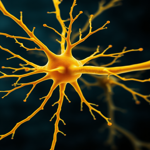 Generate a detailed illustration of a neuron with a bright yellow color, a prominent orange cell body, and branching dendrites, captured using a high-resolution DSLR camera at f/8 aperture, 1/250 sec shutter speed, ISO 200, in a well-lit studio setting with a shallow depth of field for enhanced image quality.