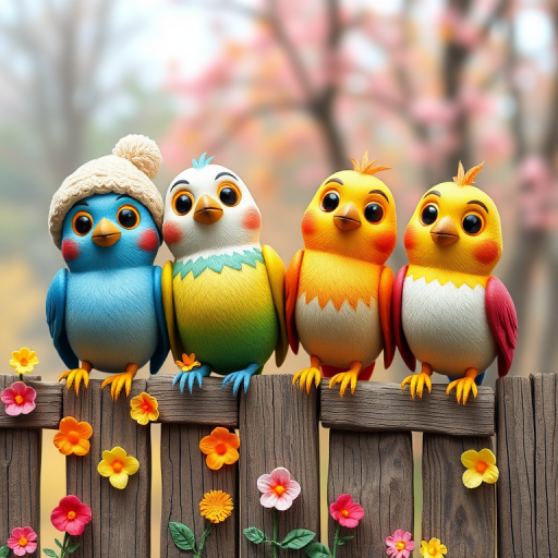 create a scene of 4 quirky  whimsical colourful comical birds each with a funny expression. they are sat on a wooden fence with colourful flowers. they are all different sizes. each one is a different colour  one is wearing a woolly hat. Each one has a different quirky google expression and there is a muted background of trees watercolour paintierly style high definition 8k resolution 3D paper mache