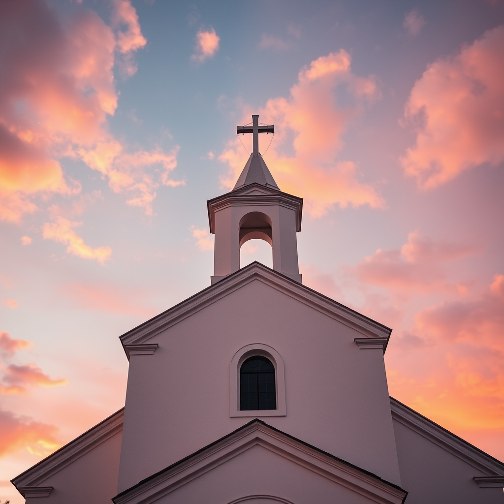capture a detailed image of a white church with a cross on top against a colorful sunset sky with soft clouds using a DSLR camera set to f/8 aperture and ISO 100 with a 24mm lens; shoot from a low angle to emphasize the height of the architecture and create a warm ambiance.