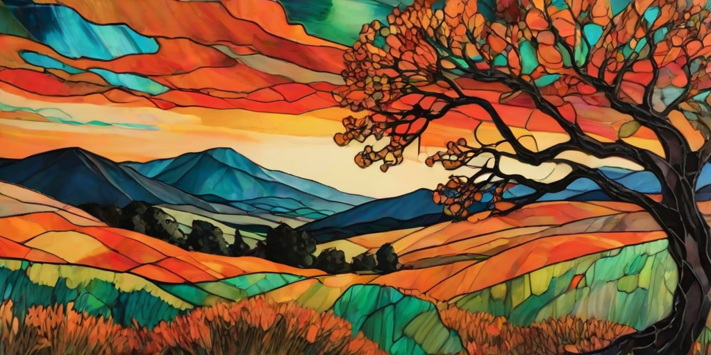 A vibrant abstract painting on Tiffany Glass, blending acrylic and alcohol ink techniques, captures a dramatic sunset over rolling hills. The artwork features a textured, rocky foreground in green and brown, layered abstract hills, and a striking sunset in rich oranges, yellows, and reds. A solitary black tree with intricate branches contrasts against the fiery sky, creating a dynamic and expressive portrayal of a breathtaking natural scene.