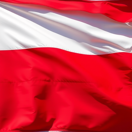 Create a high-resolution image of a flag featuring a horizontal split with a white upper half and a red lower half, using a DSLR camera at f/8 aperture, ISO 100, with a 50mm lens, shot from eye level in natural light to enhance color vibrancy and clarity.