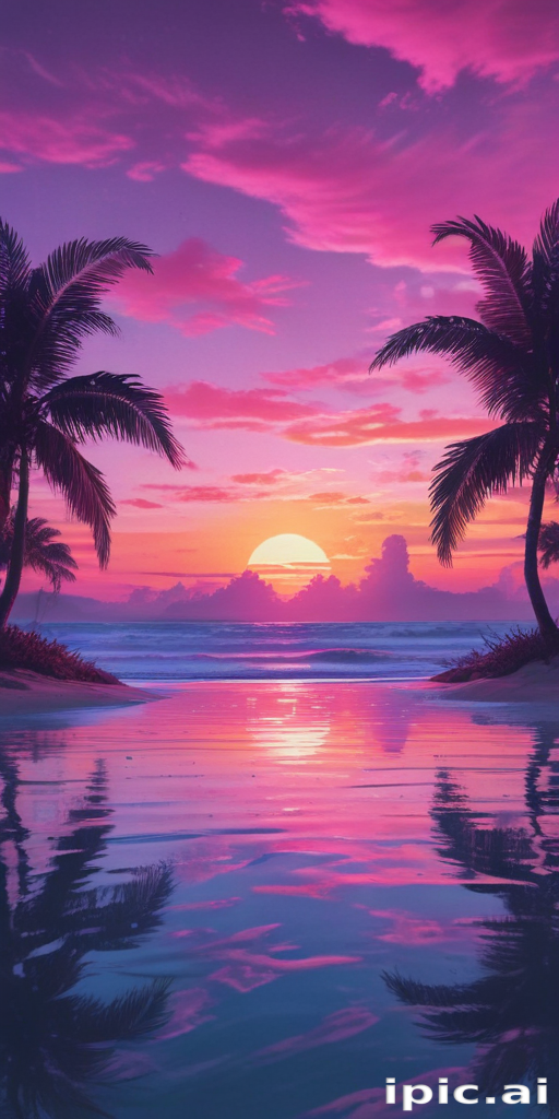 Serene Sunset Over Tranquil Ocean with Lush Palm Trees Silhouetted