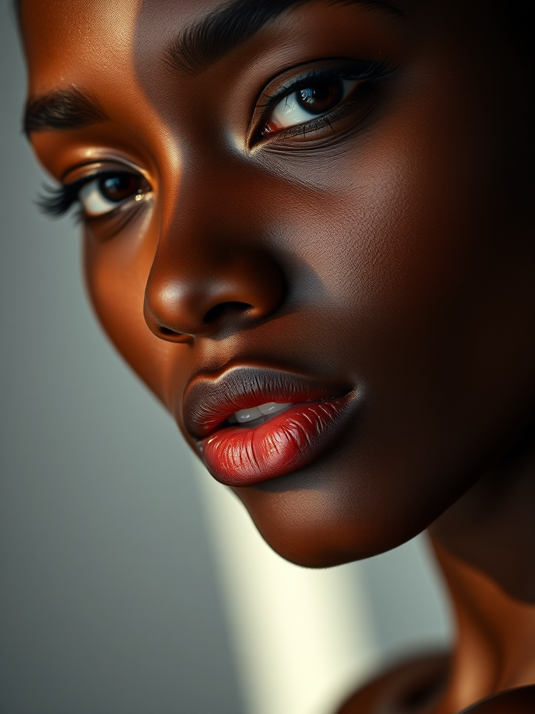 close-up portrait of a person with dark skin and golden lips, high-contrast lighting, soft focus background, 50mm lens, f/1.8 aperture, ISO 100, shutter speed 1/200, studio lighting setup