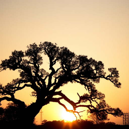 Create a high-resolution silhouette of a majestic tree against a sunset background, using a DSLR camera with a 50mm lens, aperture f/1.8, shutter speed 1/200s, and ISO 100, shot from a low angle to emphasize the tree's height and shape.