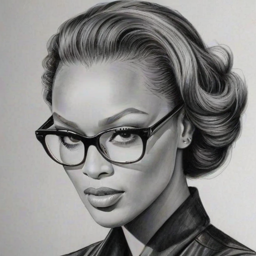 Exquisite Tyra Banks, pencil sketch, portrait of Sublime woman 1942s in glasses, hair style beatnik, outline, clear lines, fine lines, 8k