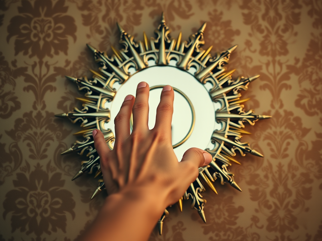 Create an image of a hand reaching towards a stylized sun mirror with intricate spikes, set against a vintage damask background, captured with a 50mm lens at f/1.8, ISO 100, and a soft focus, using a DSLR camera.