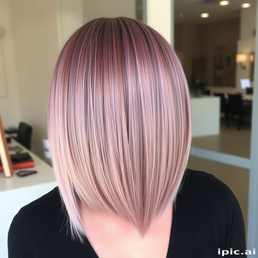 Dusty mauve hair styled in a sleek lob (long bob) dubbed "Velvet Dusk," falls just above the shoulders with a subtle A-line shape, featuring a glass-like shine and perfectly blunt ends for a chic and sophisticated look