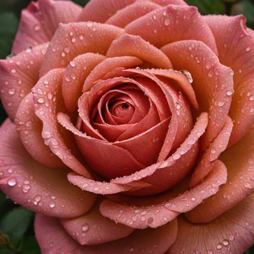 Create an image of a single rose with dew drops on its petals. The rose should be in full bloom and the background should be blurred with a hint of greenery. The rose should be captured from a side angle, showcasing its vibrant color and intricate petal structure.