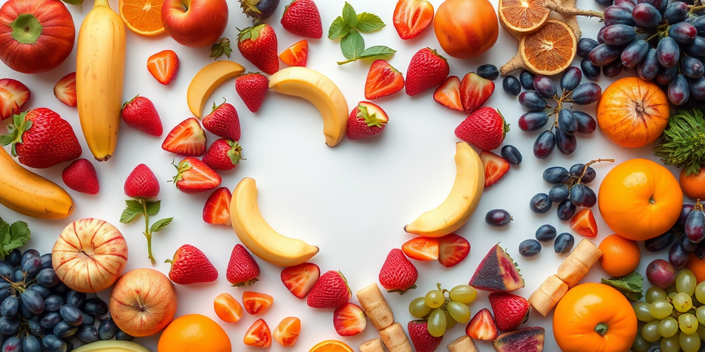 Create an image of a heart shape made entirely of a vibrant assortment of fruits including strawberries, bananas, apples, oranges, and grapes, captured with a DSLR camera at f/2.8 aperture, ISO 100, 1/200s shutter speed, using a top-down view and natural lighting to enhance colors and details.