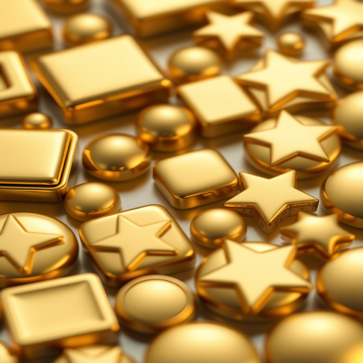 Create an image of various gold buttons and shapes including rectangles, circles, and stars, with smooth gradients and glossy surfaces, using a DSLR camera with a 50mm lens, f/1.8 aperture, 1/200 shutter speed, ISO 100, and a shallow depth of field to emphasize reflections and details.