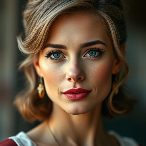 Regenerate a detailed portrait of a woman with iconic hairstyle, soft lighting, focus on facial features, using a DSLR camera, 50mm lens, f/1.8 aperture, ISO 100, and shallow depth of field for a soft background blur.