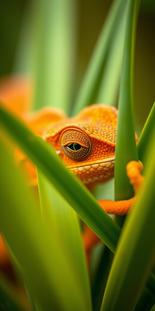 Close-up shot of a vibrant orange chameleon partially hidden among green leaves, using a Canon EOS R5, 85mm lens, aperture f/2.8, ISO 100, natural light, shallow depth of field for enhanced clarity and detail.