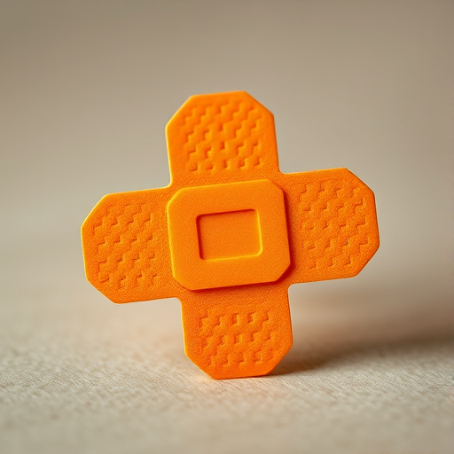 create a high-resolution image of an orange band-aid with a textured surface in the center, use a Canon EOS 5D Mark IV with a 50mm f/1.8 lens, set ISO to 100, aperture f/2.8, shutter speed 1/200 sec, soft lighting from the side, focus on the band-aid details