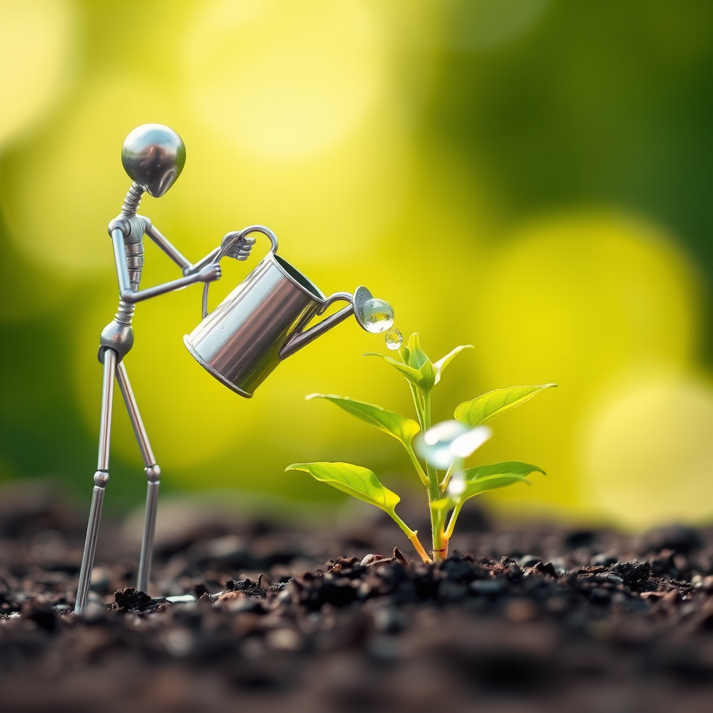 A metal figurine of a person, constructed from thin, silver rods, stands on the left side of the image, facing the viewer. The figurine is holding a small watering can and pouring water onto a young plant, with a few droplets in the air. The plant, with lush green leaves, is situated in the center, growing from dark soil. The background is a soft, out-of-focus blur of green, illuminated by warm, natural light.  The composition creates a sense of depth and intimacy. The image evokes feelings of growth, nurture, and hope.