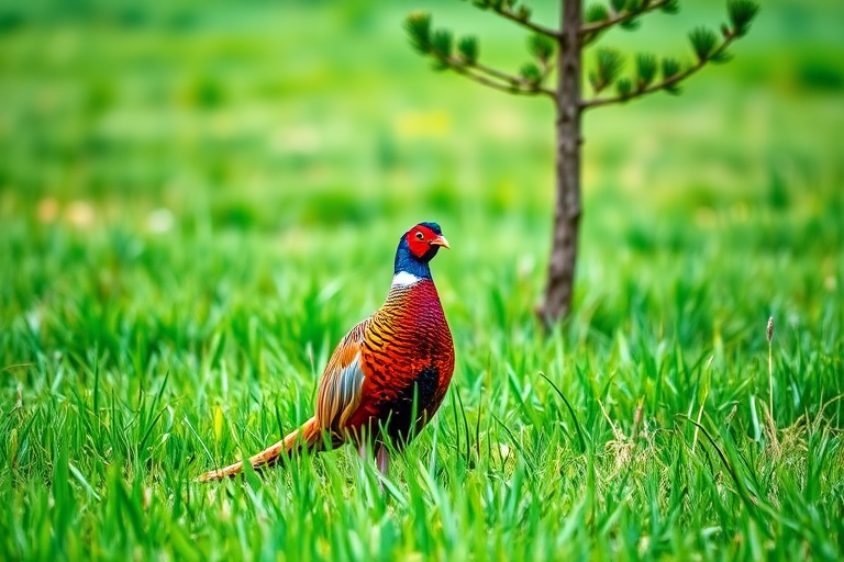 Photograph a vibrant pheasant standing in a lush green field near a pine tree, using a DSLR camera set to f/4 aperture, ISO 200, 1/500 shutter speed, with a 70mm lens, capturing in natural daylight for sharp detail and vivid colors.