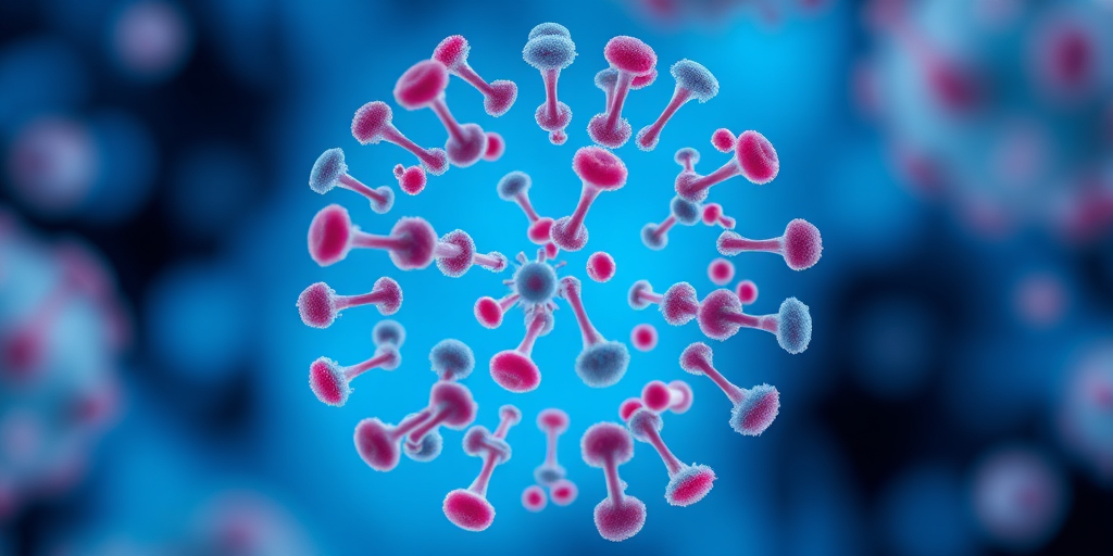 Create a high-resolution image of stylized bacteria in a circular design with a blue background, using a 50mm lens, f/1.8 aperture, ISO 200, and a slight bokeh effect to enhance focus on the bacteria and reduce background distractions.