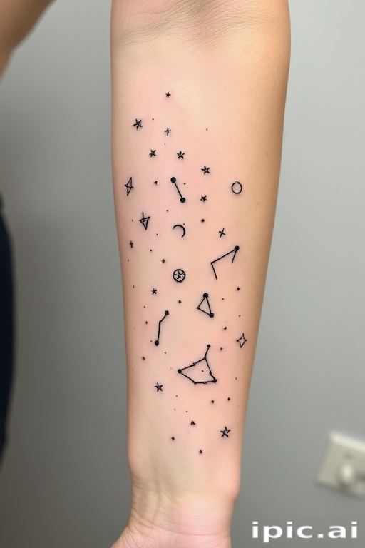 Delicate fine line body tattoo of constellation patterns and celestial bodies scattered across the forearm, created with thin black lines and subtle white ink highlights